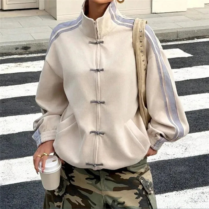 Women’s Chinese Frog-Button Jacket – Retro Oversized Stand Collar Track Coat with Striped Sleeves, Zip-Up Closure & Casual Streetwear Style