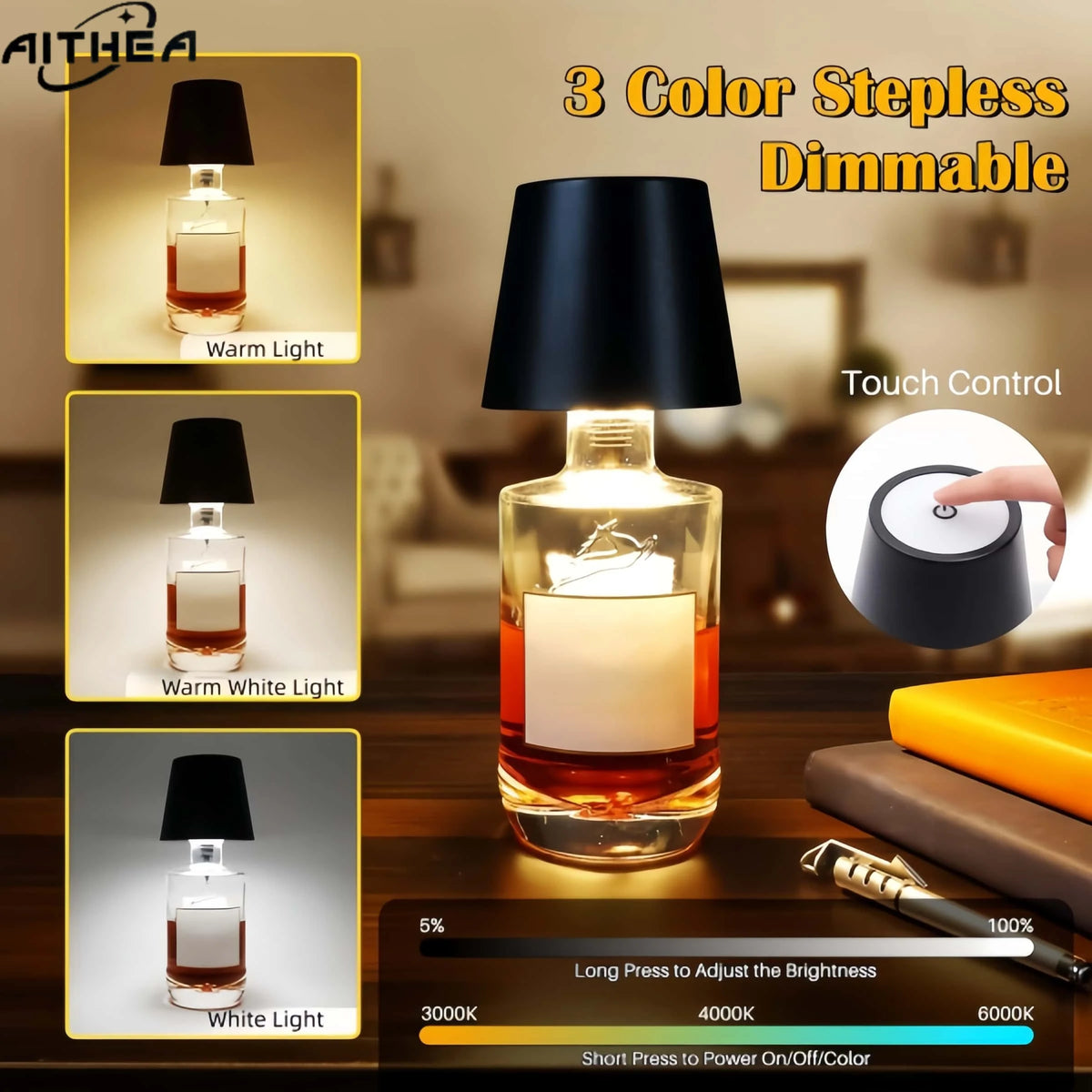 AITHEA Wireless Wine Bottle Cork Lamp – Touch Control Dimmable LED Desk Light with USB-C Charging for Home Bar Decor