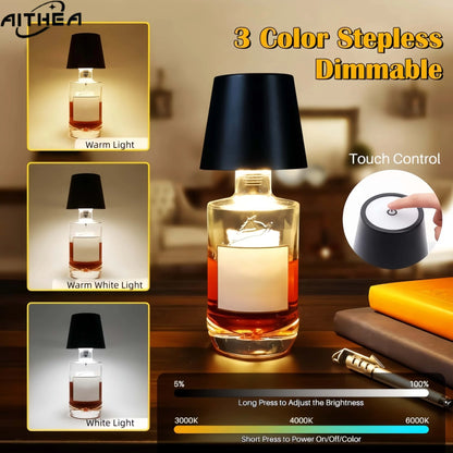 AITHEA Wireless Wine Bottle Cork Lamp – Touch Control Dimmable LED Desk Light with USB-C Charging for Home Bar Decor
