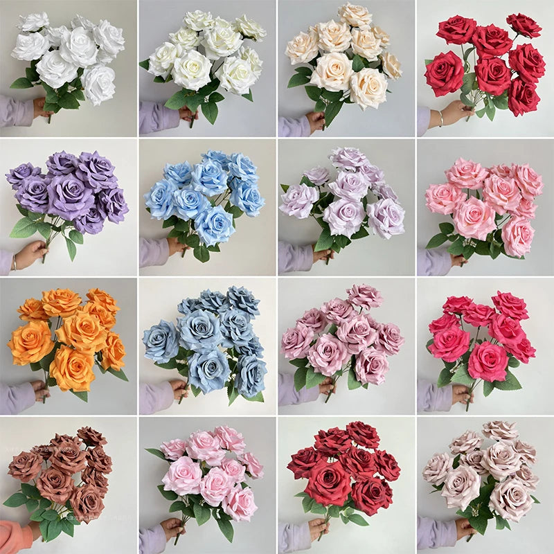 Ramo de rosas de diamantes de 9 cabezas – Rosas artificiales sintéticas con detalles de diamantes brillantes, arreglo floral realista para boda, decoración del hogar, sala de estar y regalo