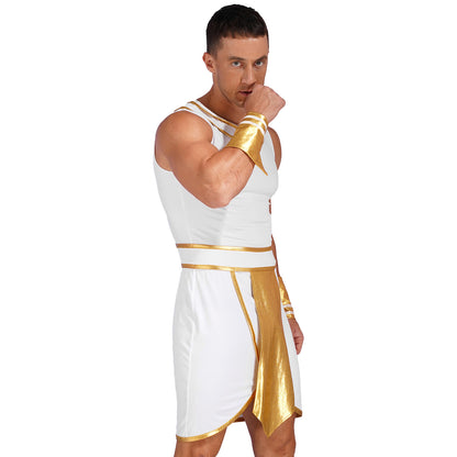 Men’s Ancient Greek & Egyptian Pharaoh Cosplay Costume – Metallic Shiny Toga Robe with Sleeves for Halloween & Roleplay