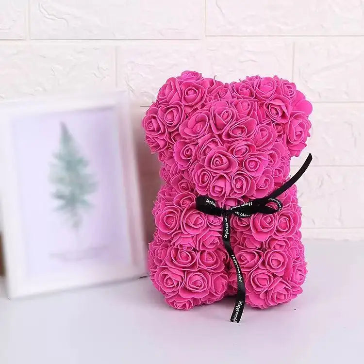 Oso de rosas artificiales de 25 cm con caja de regalo – Regalo romántico para ella en San Valentín, aniversario y boda