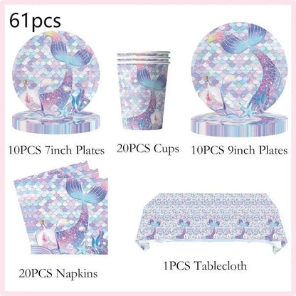 Mermaid Birthday Party Decorations Set – Balloons, Tableware, Tablecloth & Hanging Banner for Kids' Parties, Favors & Supplies Kit