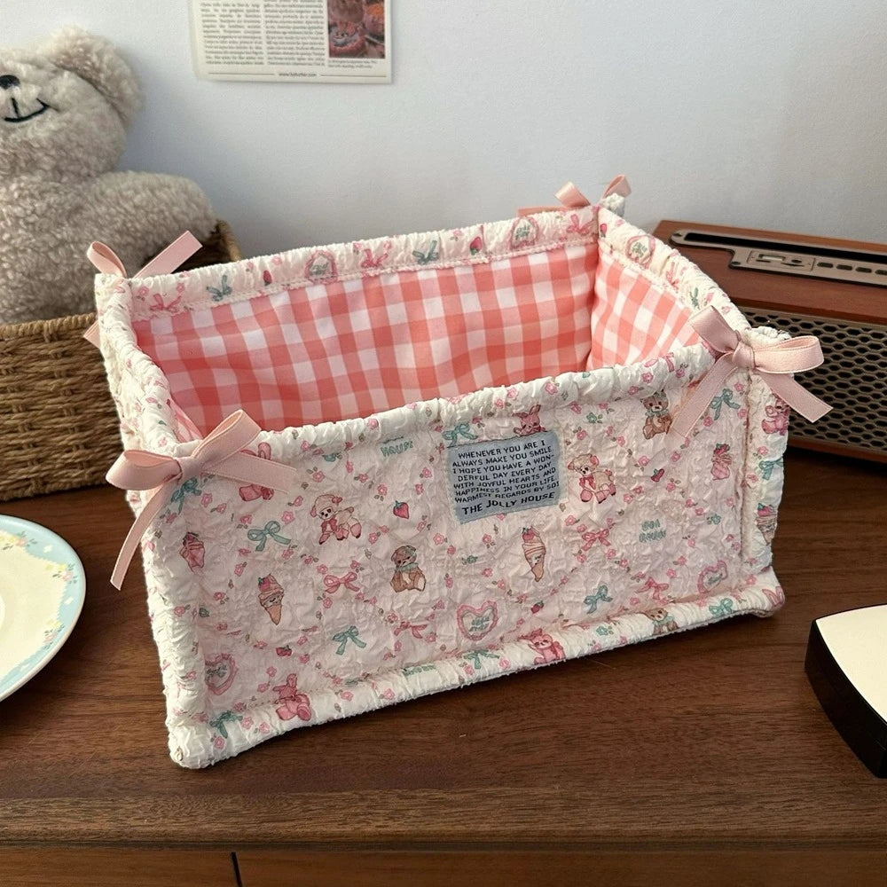 Cute Quilted Lace Storage Basket – Korean Desktop Organizer Bin for Cosmetics, Toys, Sundries & Home Décor