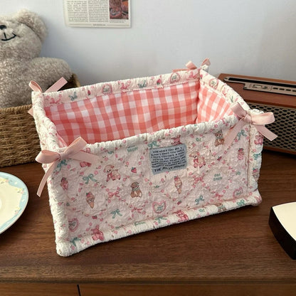 Cute Quilted Lace Storage Basket – Korean Desktop Organizer Bin for Cosmetics, Toys, Sundries & Home Décor
