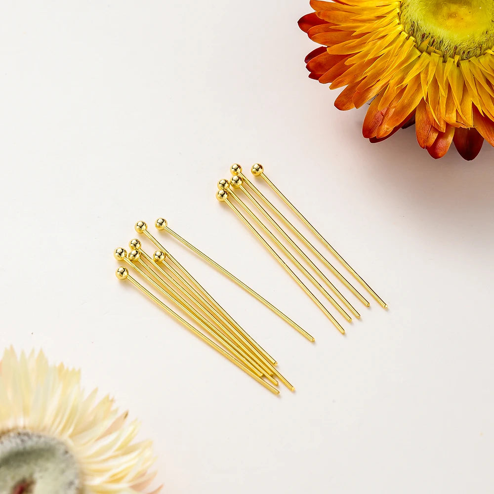 100-Piece 14K & 18K Gold Plated Brass Head Pins Set (16–50mm) – Ball, Flat & Eye Pins for DIY Jewelry Making & Crafts
