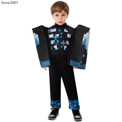 My World MC Game Cosplay Costume – Kids Sound Guard Headgear Jumpsuit Outfit for Boys & Girls Halloween Carnival Performance Dress-Up