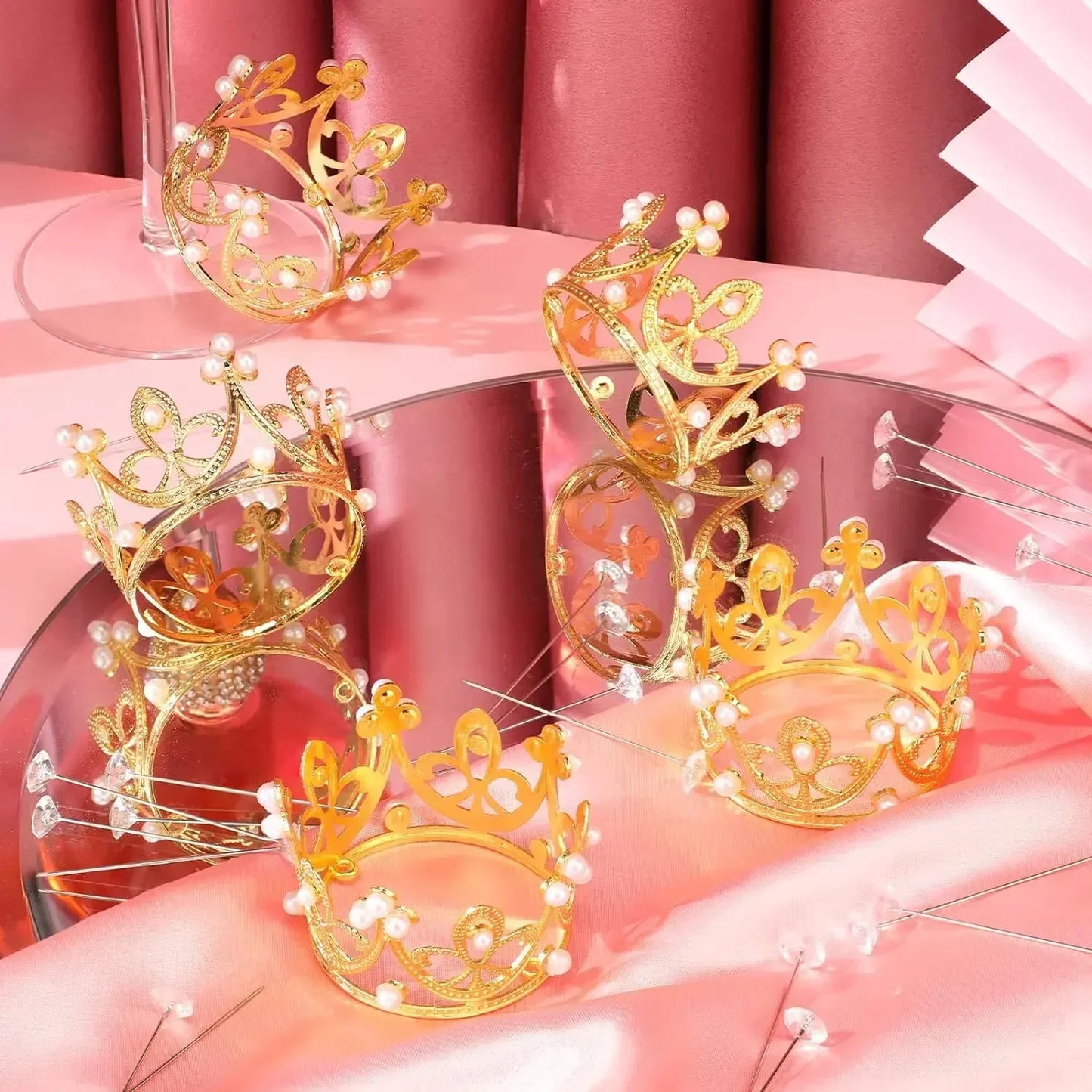 Mini Couronne de Gâteau – Décoration de Tiara de Perles Dorées et Argentées pour Mariages, Anniversaires et Fêtes Prénatales