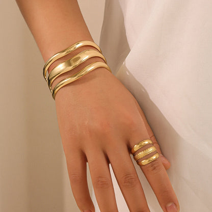 2Pcs Women’s Fashion Geometric Open Bracelet Ring Set Simple Design Trend Holiday Party Gift