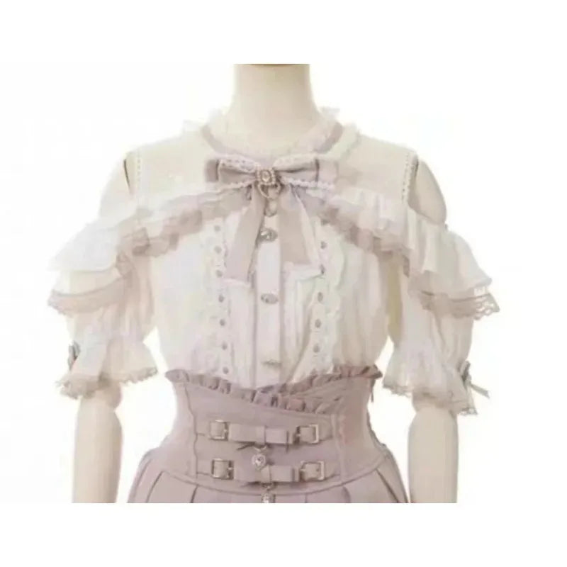 Blusa de mujer de encaje de manga corta estilo lolita japonés 2026, dulce, linda, ajustada, informal, a la moda, para uso diario