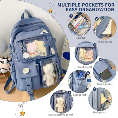 Cute Nylon Backpack for Girls & Women – Multi-Pocket Student School Bag, Lightweight Casual Backpack for Students, Travel & Daily Use