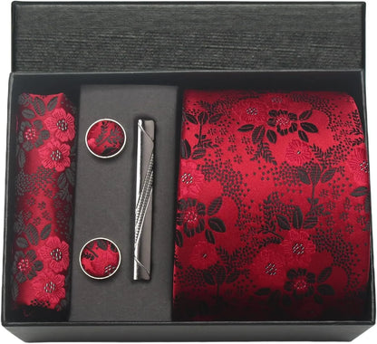 Corbata de seda 100% con diseño floral de Paisley para hombre con pañuelo de bolsillo, pasador de corbata y gemelos en caja de regalo