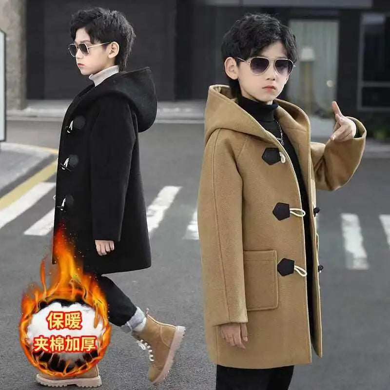Boys Winter Wool Coat with Hood, Warm Cotton-Padded Single-Breasted Jacket, Solid Color Children’s Fashion Parka and Cold Weather Outerwear