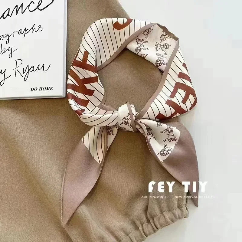 Khaki Nude Silk Scarf Hair Band – Vintage Satin Ribbon Bow Hair Accessory for Women | Elegant Fashion Hair Tie