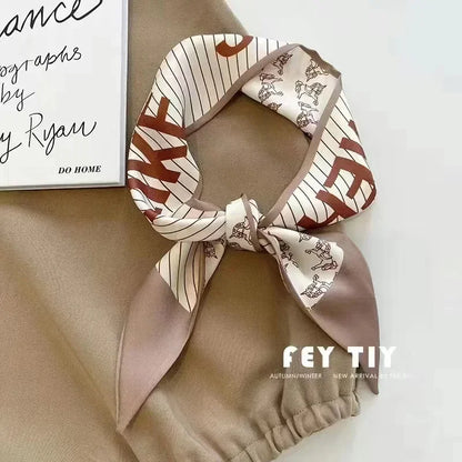 Khaki Nude Silk Scarf Hair Band – Vintage Satin Ribbon Bow Hair Accessory for Women | Elegant Fashion Hair Tie