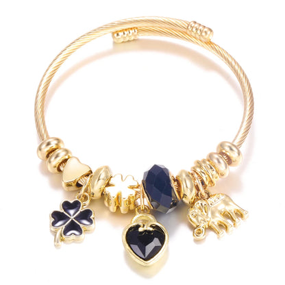 Pulsera con colgante de corazón y cuentas – Pulsera de abalorios de acero inoxidable de 4 colores para mujer | Regalo de joyería de moda dorada de tendencia