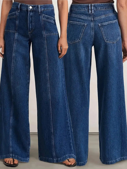 Women's Deep Blue Wide-Leg Jeans – Stylish Casual Denim Trousers for Comfortable Everyday Wear