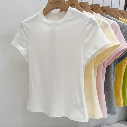 Zjaiss 2026 T-shirt col rond mode été sexy basique uni à manches courtes pour femme style coréen décontracté streetwear