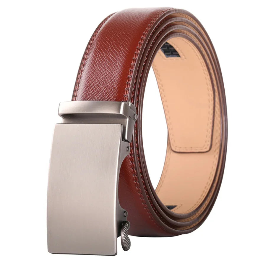 Plyesxale Men's Brown Leather Belt 2026 – Automatic Buckle Vintage Belt for Jeans, Luxury-Style Casual Waist Strap, Ceinture Homme B9