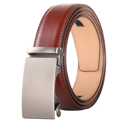 Plyesxale Men's Brown Leather Belt 2026 – Automatic Buckle Vintage Belt for Jeans, Luxury-Style Casual Waist Strap, Ceinture Homme B9