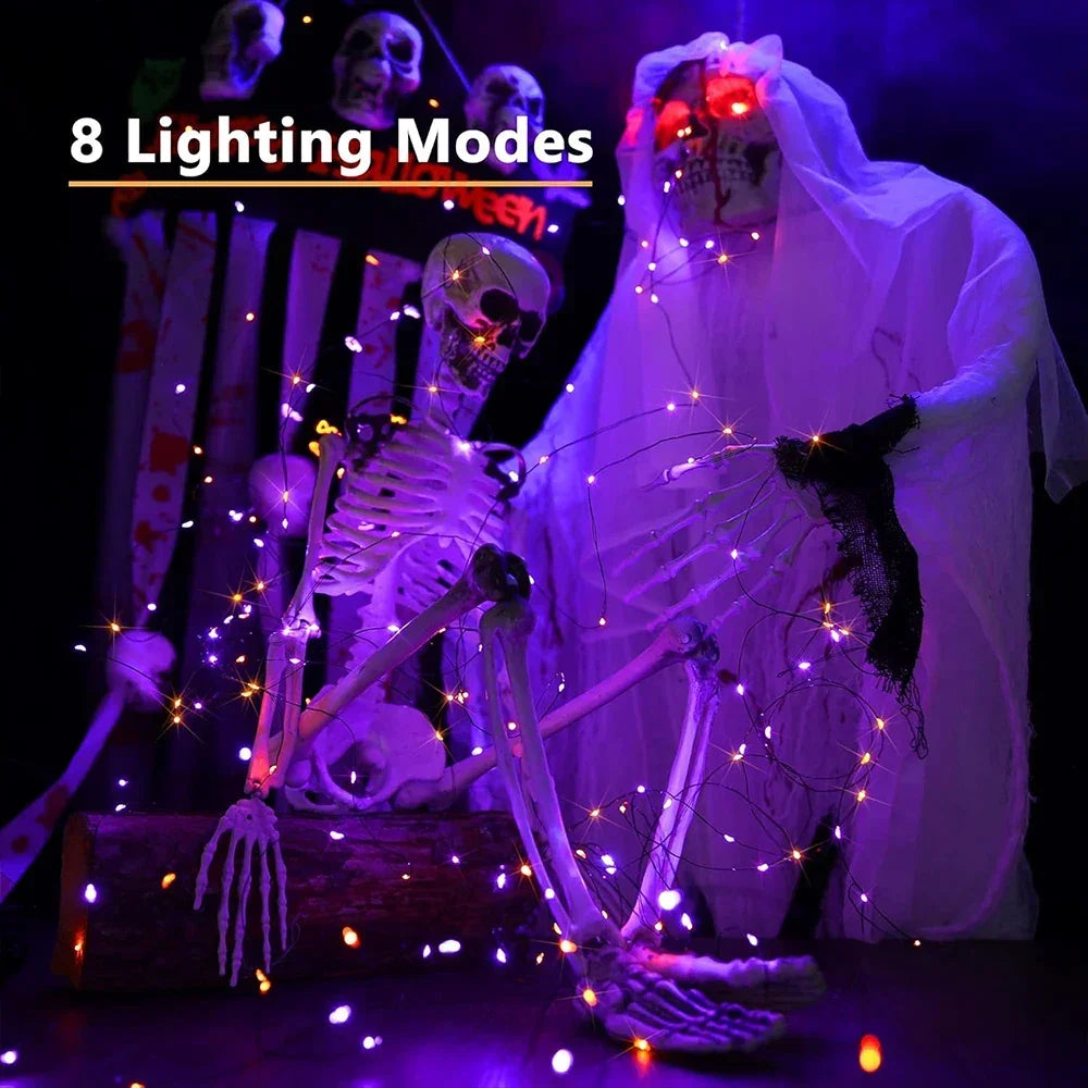 10–120M Halloween Purple & Orange Fairy String Lights – 8-Mode Black Wire LED Lights for Outdoor Christmas, Street, Garden & Party Decor