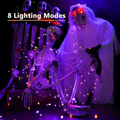 10–120M Halloween Purple & Orange Fairy String Lights – 8-Mode Black Wire LED Lights for Outdoor Christmas, Street, Garden & Party Decor