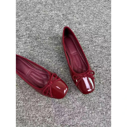 Women's Patent Leather Ballet Flats – Square Toe Bow Slip-On Shoes, Soft Sole Casual Flats for Spring & Summer
