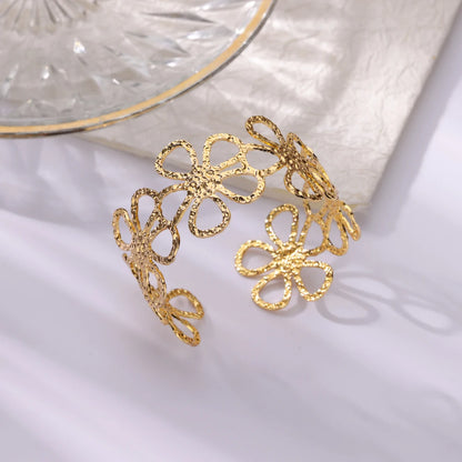 Stainless Steel Open Flower & Leaf Bangle Bracelet – Gold Geometric Cuff Bracelet for Women & Men | Minimalist Fashion Jewelry