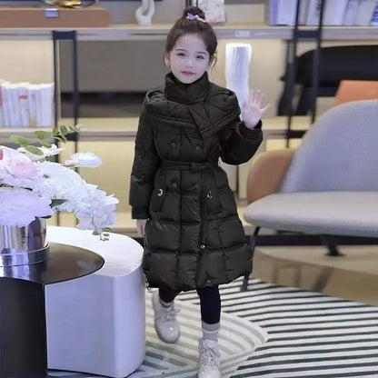 Girls’ Long Hooded Winter Coat – Thick Warm Cotton-Padded Jacket, Solid Color Snow Outerwear for Kids Ages 5–12