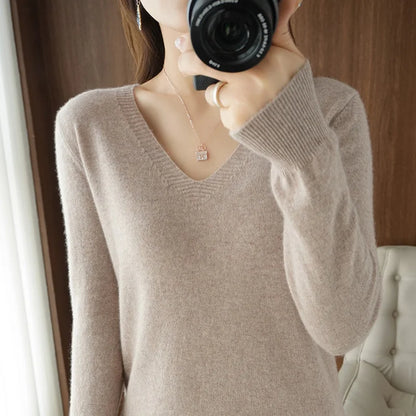 Women's Cashmere-Style V-Neck Sweater – Long-Sleeve Knitted Pullover with Lace Neck & Hollow-Out Detail, Casual Autumn & Winter Top
