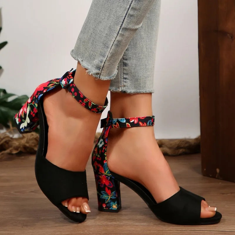 Sandales à talons épais et bout ouvert pour femmes – Talons hauts décontractés d'été antidérapants, chaussures habillées tendance à bout rond imprimées
