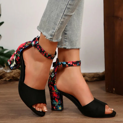 Sandales à talons épais et bout ouvert pour femmes – Talons hauts décontractés d'été antidérapants, chaussures habillées tendance à bout rond imprimées