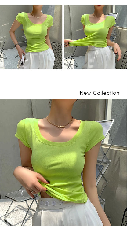 2026 Summer Women’s 100% Cotton Slim T-Shirt Casual Basic O-Neck Solid Korean Style Tee 16 Colors