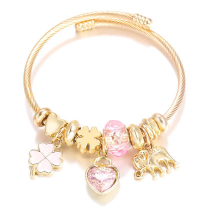 Pulsera con colgante de corazón y cuentas – Pulsera de abalorios de acero inoxidable de 4 colores para mujer | Regalo de joyería de moda dorada de tendencia