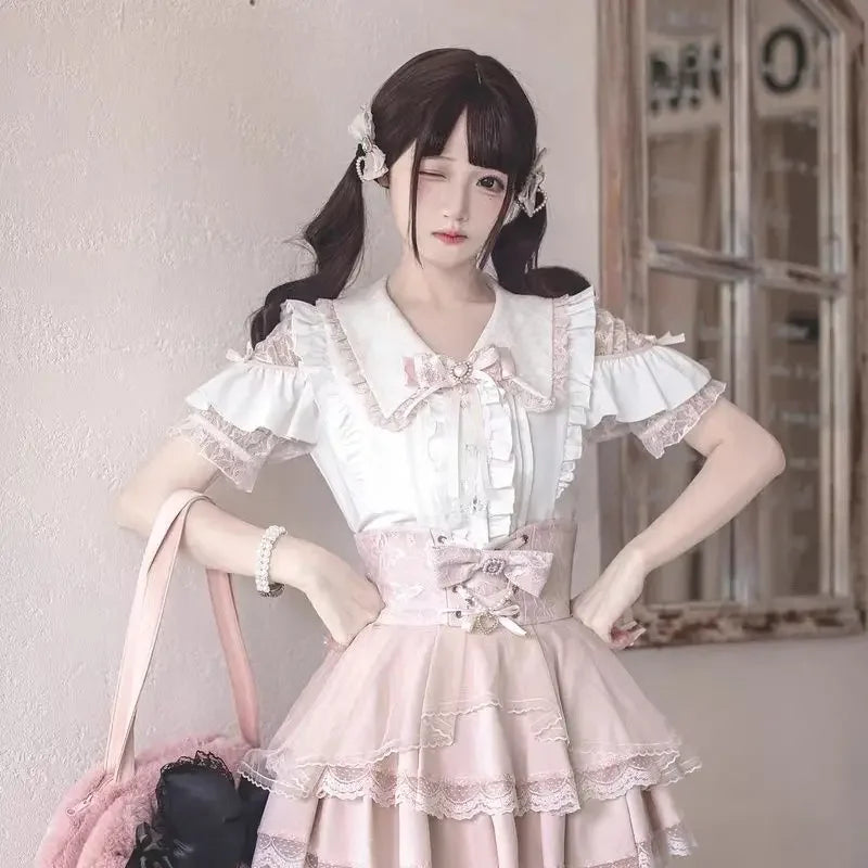 Blusa de mujer de encaje de manga corta estilo lolita japonés 2026, dulce, linda, ajustada, informal, a la moda, para uso diario