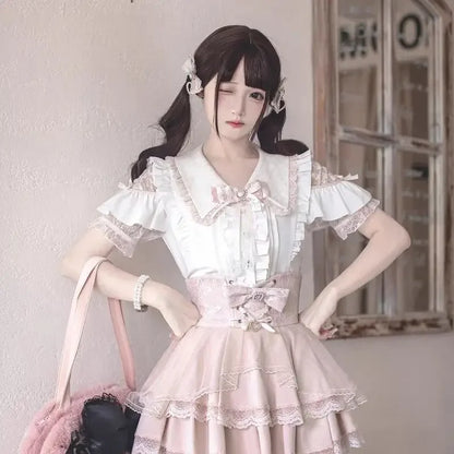 Blusa de mujer de encaje de manga corta estilo lolita japonés 2026, dulce, linda, ajustada, informal, a la moda, para uso diario