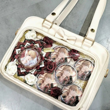 Bolso Y2K lindo con moño Ita – Bolso de hombro transparente para mujer y niña, bolso tote de exhibición de insignias DIY, bolso bandolera de moda Lolita con diseño de moño Kawaii