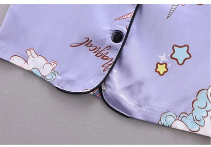 Conjunto de Pijama de Verano para Niñas – Conjunto de Pijama de Satén de Unicornio de Dibujos Animados de 2 Piezas | Ropa de Dormir Suave para Niños Pequeños con Aire Acondicionado