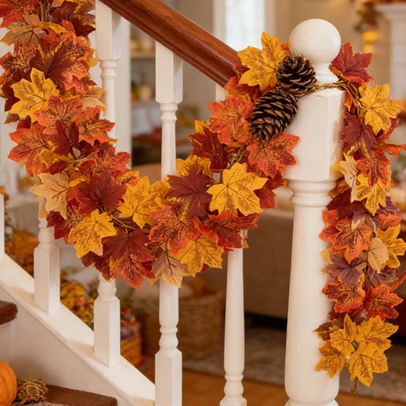 2M Artificial Maple Leaf Garland – Faux Fallen Leaves Autumn Rattan Decor for Thanksgiving, Halloween, Wedding, Christmas & Holiday Festivals