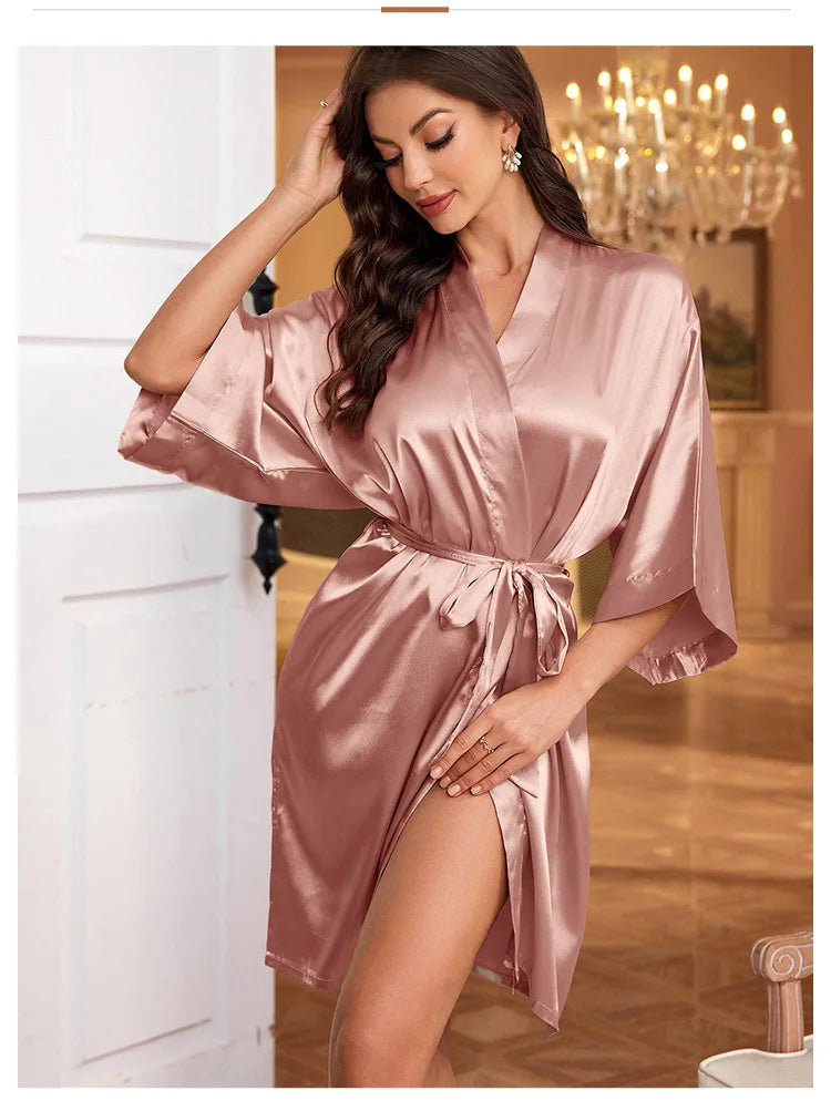 Women’s Summer Ice Silk Robe – Sexy Lace-Up Bathrobe Morning Gown Home Dress Loungewear