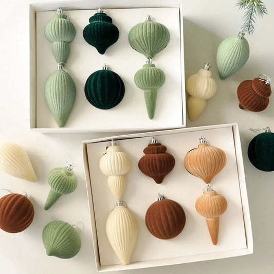 6PCS Velvet Flocked Christmas Ball Ornaments – Special-Shaped Shatterproof Hanging Baubles, Solid Color Reusable Xmas Tree Decor