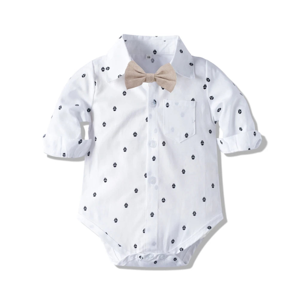Baby Boy Gentleman Long Sleeve Romper with Bow – 3-24 Months Spring Autumn Winter Birthday Bodysuit, Cute Formal Baby Outfit