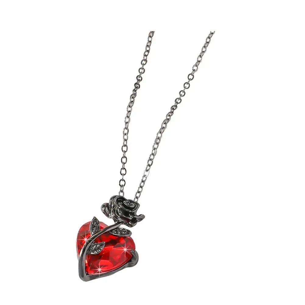 Dark Red Faux Crystal Rose Pendant Necklace – Love Heart Flower Choker for Women, Gothic Punk Jewelry for Dating, Banquets & Daily Wear