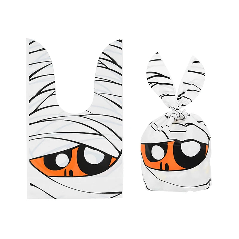25/50PCS Halloween Candy Bags – Rabbit Ear Pumpkin Plastic Treat Bags for Candy, Cookies & Desserts, DIY Packaging for Kids’ Halloween Parties