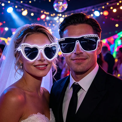 Just Married LED Heart Glasses – Light-Up EL Neon Glasses for Weddings, Engagements & Bridal Showers