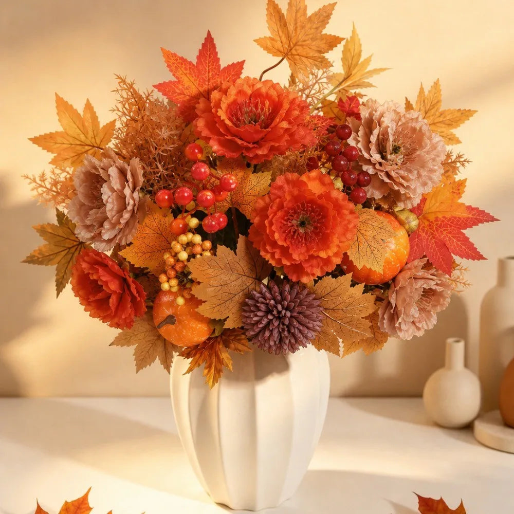 Artificial Fall Flower Bouquet with Maple Leaves & Pumpkin Accents – Faux Floral Stems for Thanksgiving, Halloween, Autumn Table Centerpieces & Home Decor