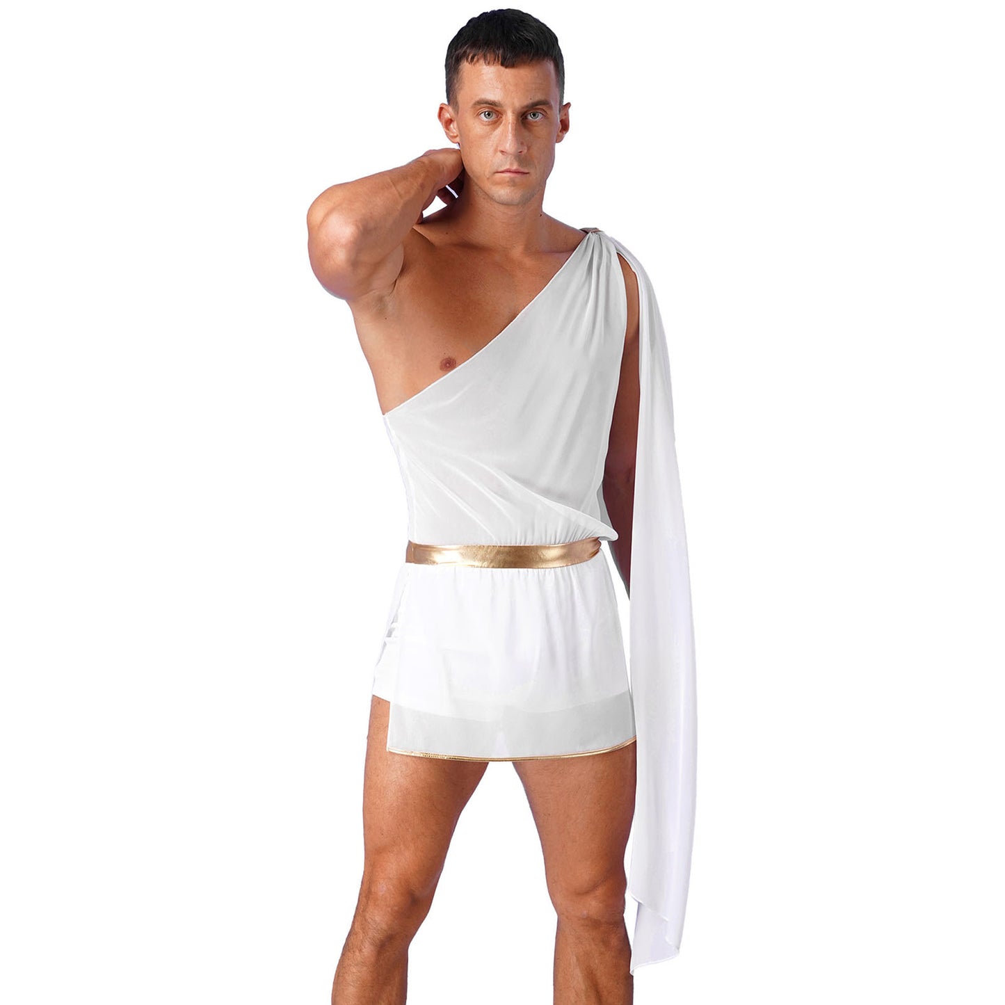 Men’s Ancient Greek & Egyptian Pharaoh Cosplay Costume – Metallic Shiny Toga Robe with Sleeves for Halloween & Roleplay