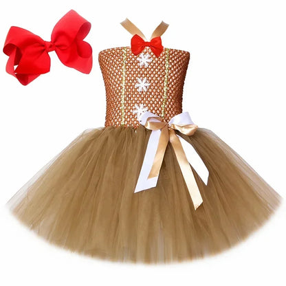 HJTT Girls' Gingerbread Man Christmas Costume Dress, Brown Tulle Tutu Outfit for Kids, Cute Xmas Carnival Party Dress-Up Clothes for Holiday Celebrations and Cosplay