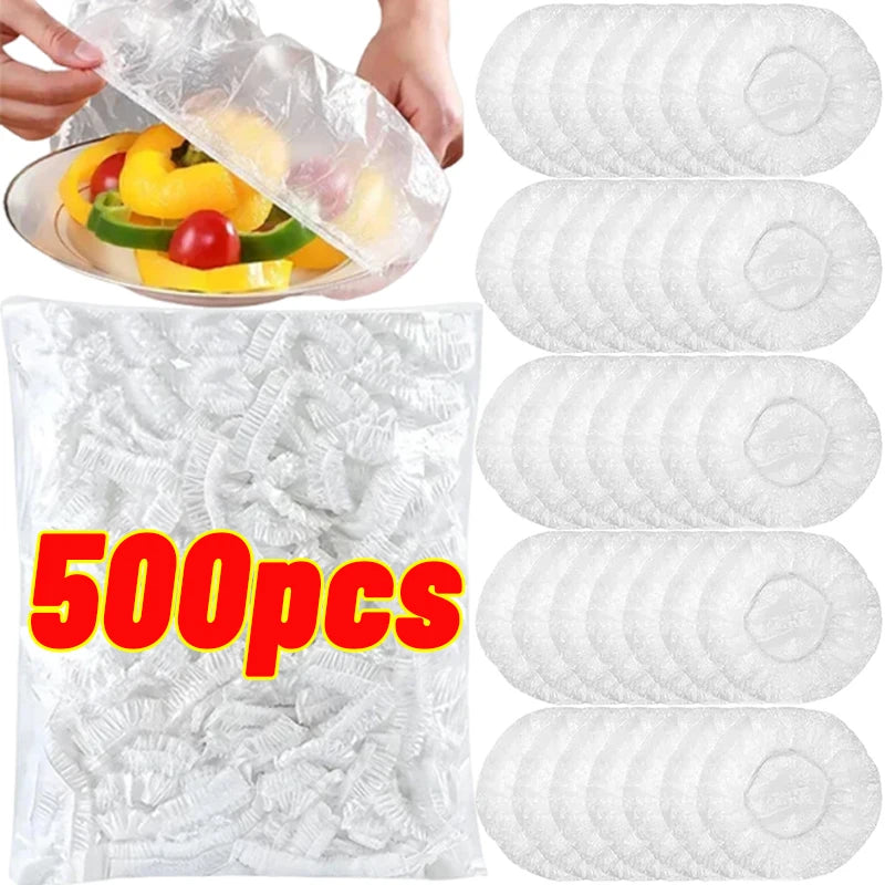 500/10pcs Disposable Food Storage Covers – Elastic Plastic Bowl Covers, Kitchen Food Preservation Film Bags, Stretchable Plate Covers & Vacuum Storage Bags for Fresh Keeping