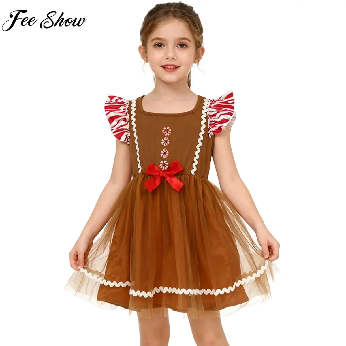 Girls' Christmas Gingerbread Man Costume Tulle Tutu Dress, Square Neck Short Sleeve Cosplay Outfit for Xmas and New Year Parties, Holiday Photo Shoots and Dress-Up Events